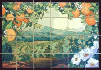 Inspired by the early California fruit crate labels.  The large oranges frame th